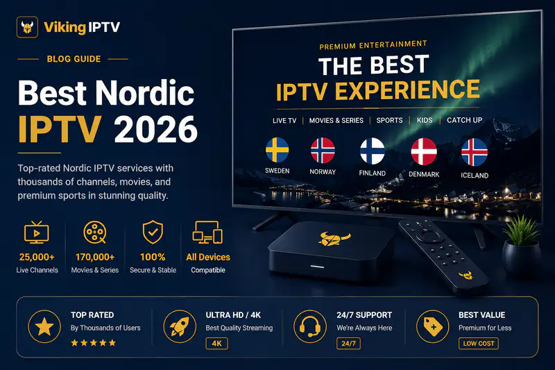 Best Nordic IPTV 2026: a television showing the Swedish, Norwegian, Finnish, Danish and Icelandic flags under an aurora