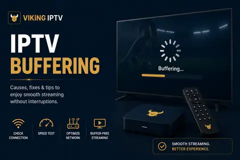 How to fix IPTV buffering: a television mid-buffer beside a streaming box and remote, from the Viking IPTV guide