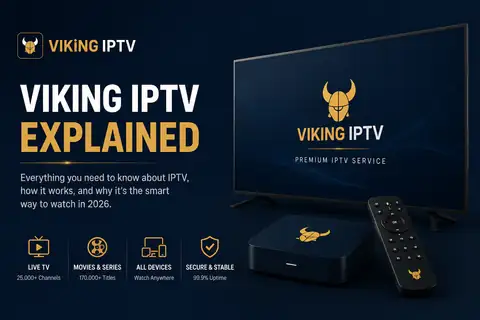 Viking IPTV explained: the Viking IPTV logo on a television beside a streaming box and remote