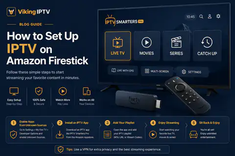 How to set up IPTV on an Amazon Firestick: an IPTV player on a television with a Firestick remote in hand