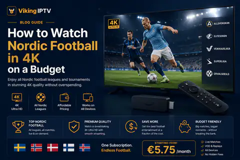 Watch Nordic football in 4K on a budget: footballers mid-play on a 4K television, from the Viking IPTV guide