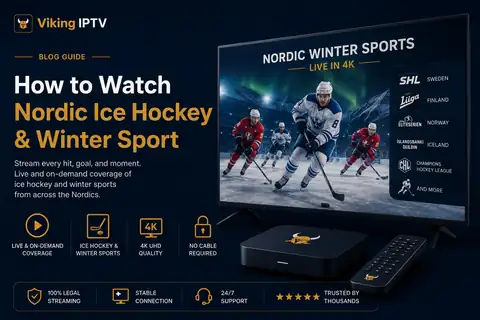Nordic ice hockey in 4K on Viking IPTV, with players on a television and the SHL, Liiga and Eliteserien badges