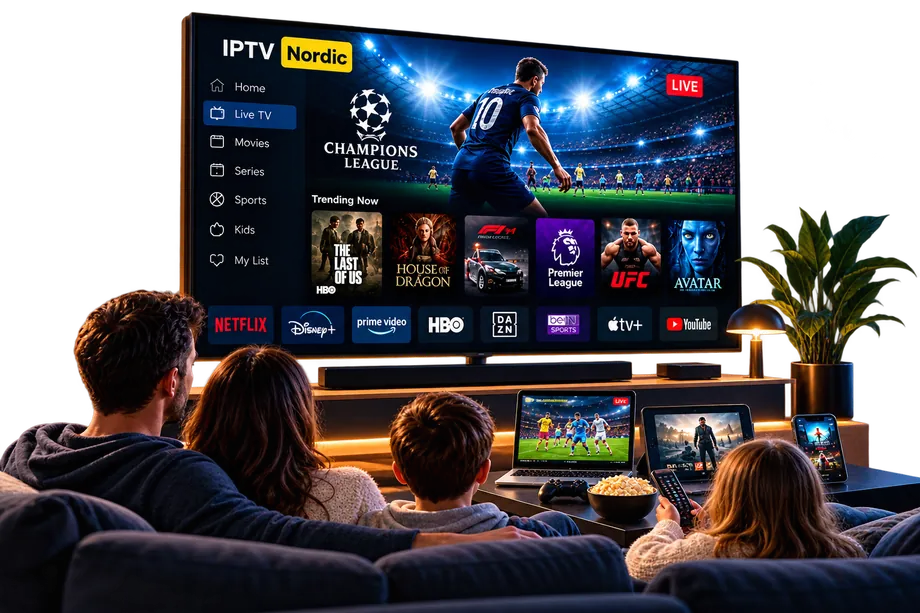 Viking IPTV på flera enheter samtidigt Familj ser Champions League live i 4K med Viking IPTV, nordisk IPTV på smart-tv, laptop, surfplatta och mobil samtidigt